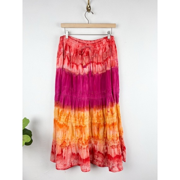 Vintage Dresses & Skirts - Vintage Bohemian Embroidered Tie Dye Drawstring Waist Midi Skirt Free Size